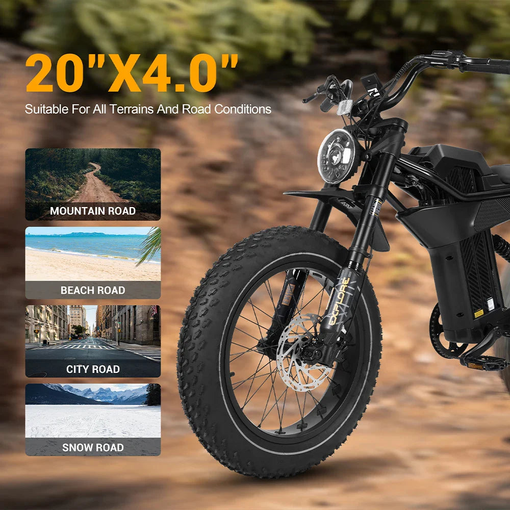 HKM-106707 750W Full Suspension Fat Tire Electric Bike 28Mph 80 Mile Range 20IN Aluminum Alloy
