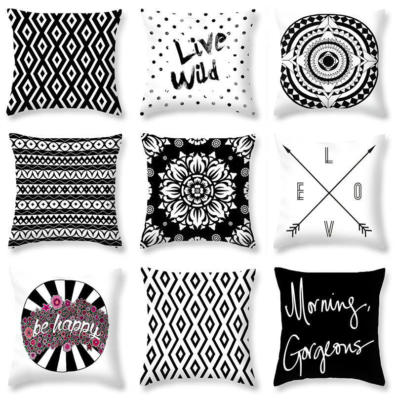 HKM-106707 Single-Sided Peach Skin Pillowcase - Soft Black and White Design, 44cm x 44cm