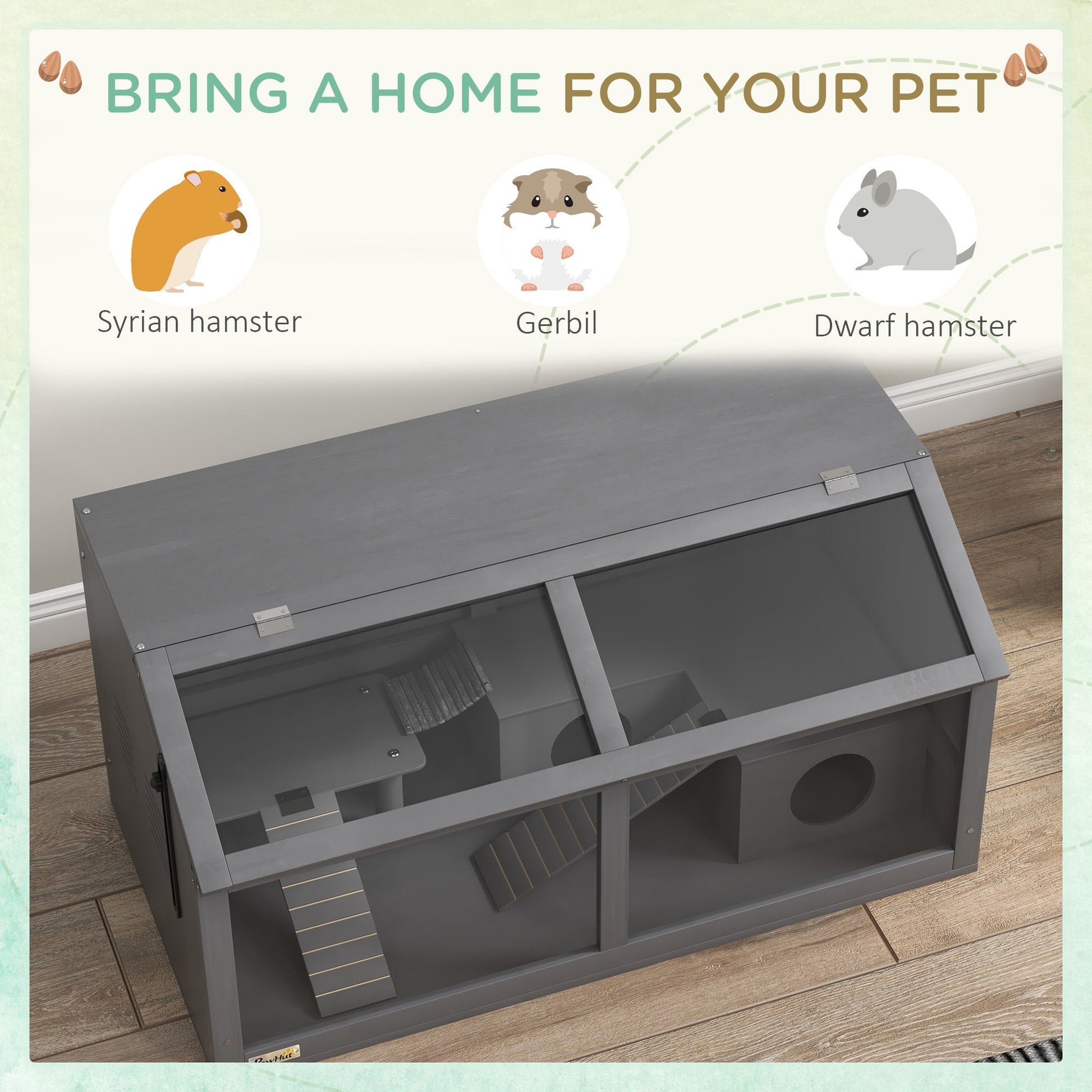 HKM-1068733 Spacious Wooden Hamster Cage with Suspension Bridge, Ladders, and Openable Top for Small Animals