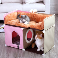 HKM-1069117 Cozy Two-Layer Cat Villa with Polyester Cover and Iron Frame, Available in Multiple Colors