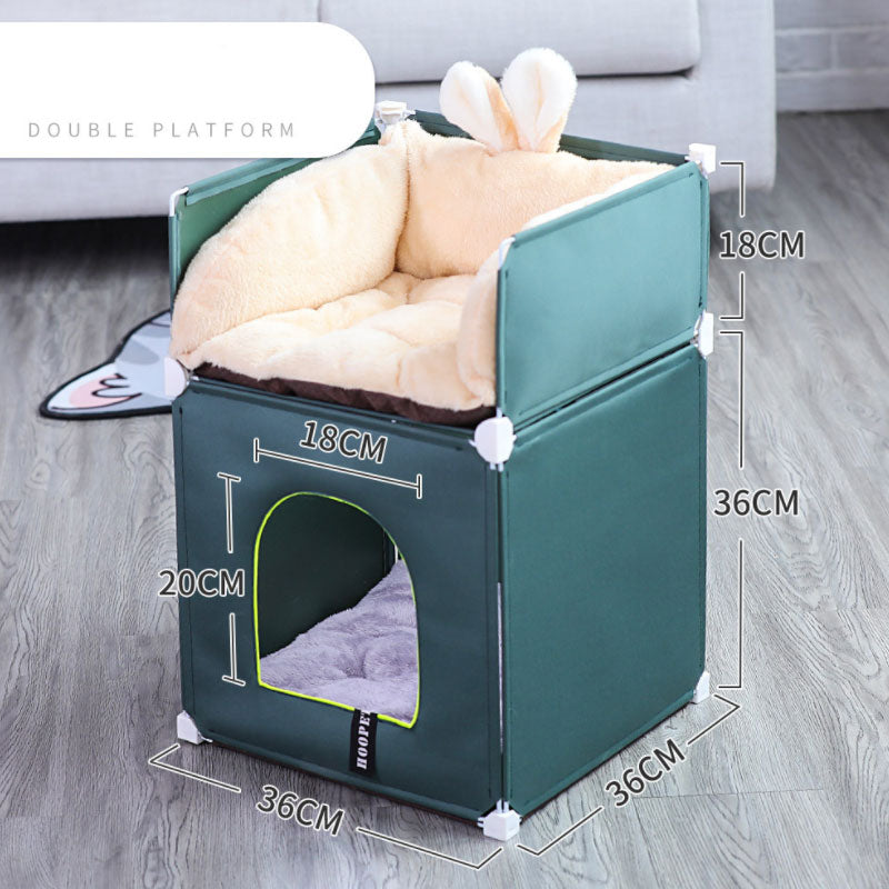 HKM-1069117 Cozy Two-Layer Cat Villa with Polyester Cover and Iron Frame, Available in Multiple Colors