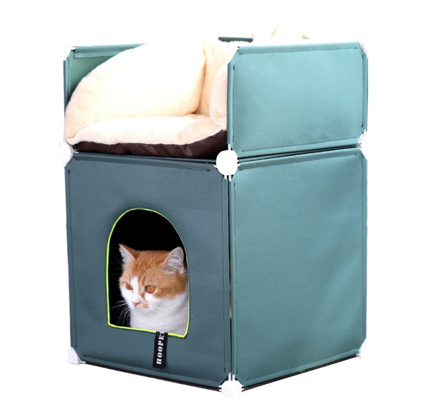 HKM-1069117 Cozy Two-Layer Cat Villa with Polyester Cover and Iron Frame, Available in Multiple Colors