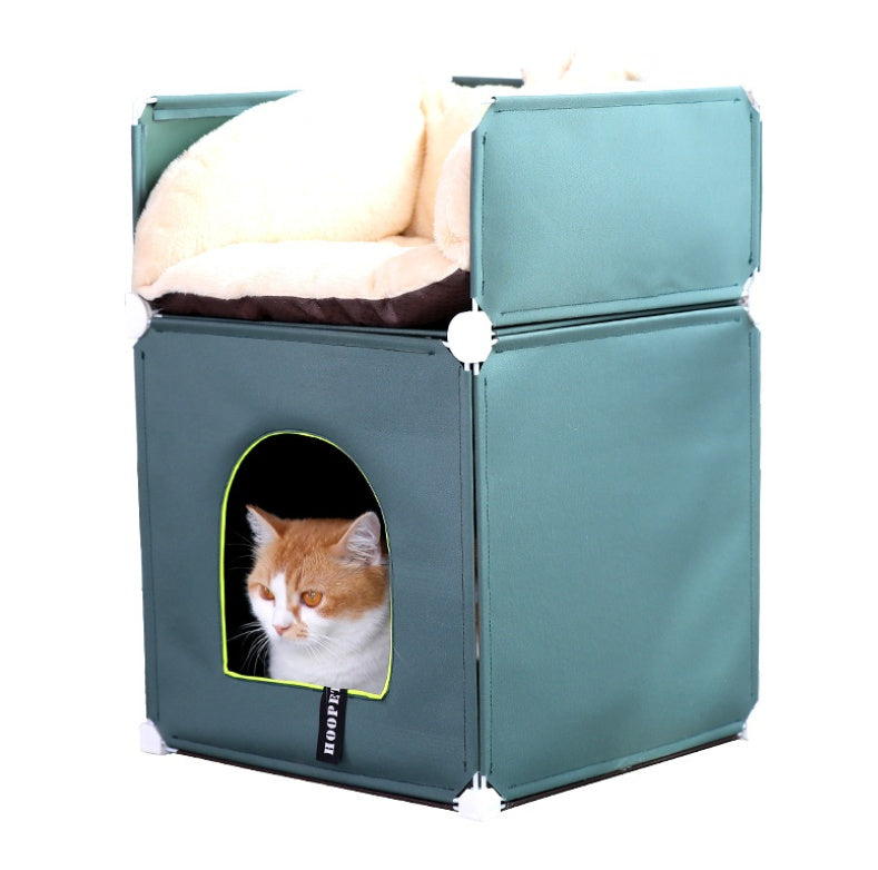 HKM-1069117 Cozy Two-Layer Cat Villa with Polyester Cover and Iron Frame, Available in Multiple Colors