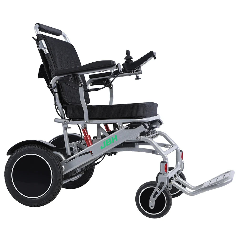 HKM-107027 Lightweight Portable Aluminum Folding Electric Wheelchair with Removable Battery, 20km Range, Silver/Black
