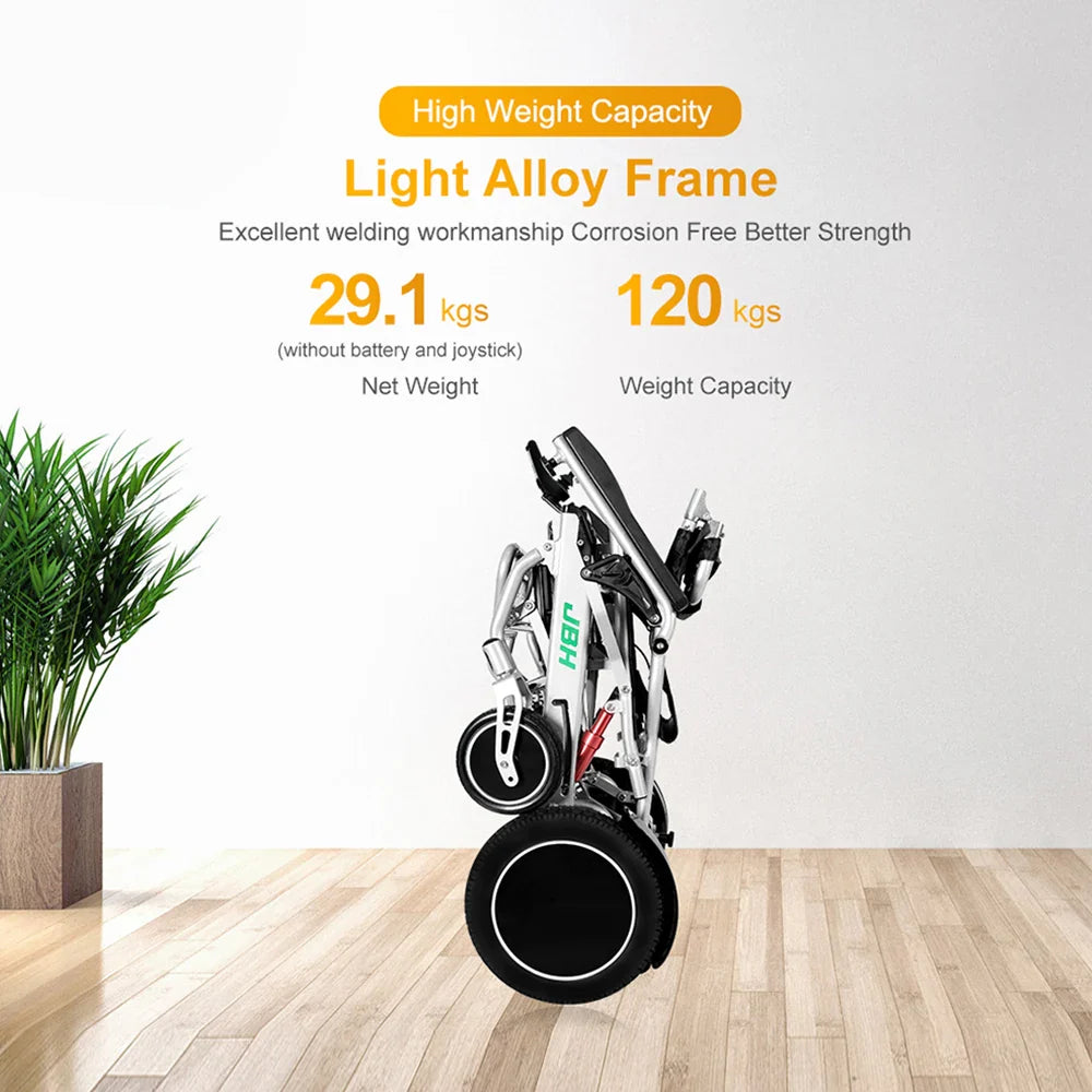 HKM-107027 Lightweight Portable Aluminum Folding Electric Wheelchair with Removable Battery, 20km Range, Silver/Black