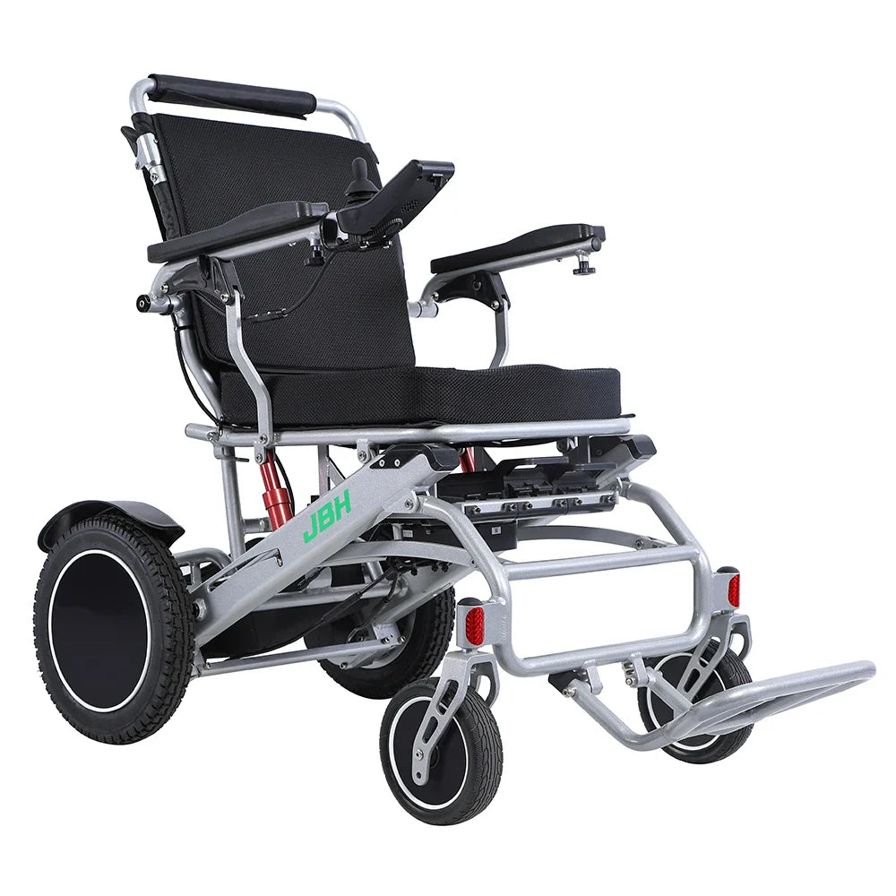 HKM-107027 Lightweight Portable Aluminum Folding Electric Wheelchair with Removable Battery, 20km Range, Silver/Black