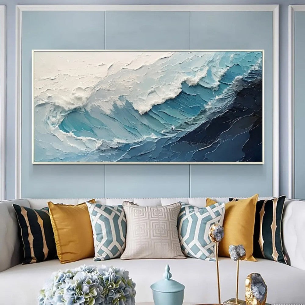 HKM-107091 Handmade Large Abstract Oil Painting of Blue and White Ocean Waves for Living Room Wall Decoration