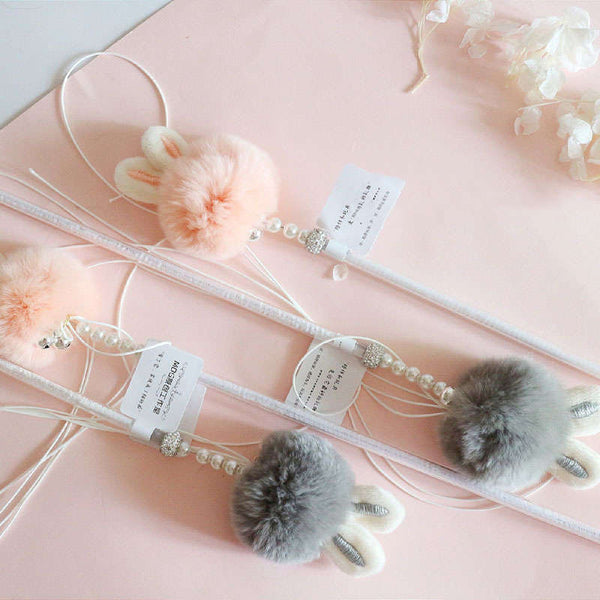 HKM-1071677 Funny Cat Stick Toy with Rabbit Ears, Tassel, Fur Ball and Bell - 40cm