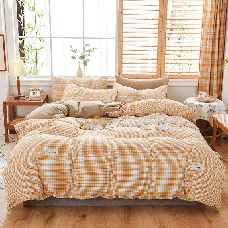 HKM-107475 Washable Cotton Plaid Bedding Set - Four-Piece with Quilt Cover, Pillowcases, and Sheet in Various Retro Patterns