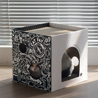 HKM-1074877 Double-Layer Cat Villa in White and Green Graffiti - Corrugated Paper Design, 32x32x32cm/43x30x30cm