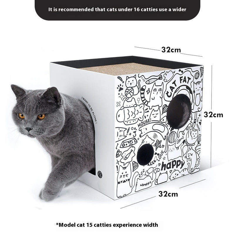 HKM-1074877 Double-Layer Cat Villa in White and Green Graffiti - Corrugated Paper Design, 32x32x32cm/43x30x30cm