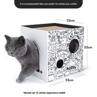 HKM-1074877 Double-Layer Cat Villa in White and Green Graffiti - Corrugated Paper Design, 32x32x32cm/43x30x30cm