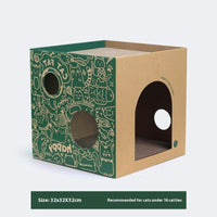HKM-1074877 Double-Layer Cat Villa in White and Green Graffiti - Corrugated Paper Design, 32x32x32cm/43x30x30cm