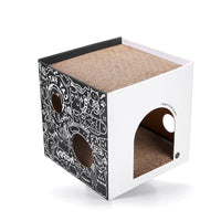 HKM-1074877 Double-Layer Cat Villa in White and Green Graffiti - Corrugated Paper Design, 32x32x32cm/43x30x30cm