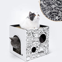 HKM-1074877 Double-Layer Cat Villa in White and Green Graffiti - Corrugated Paper Design, 32x32x32cm/43x30x30cm