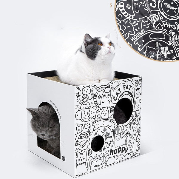 HKM-1074877 Double-Layer Cat Villa in White and Green Graffiti - Corrugated Paper Design, 32x32x32cm/43x30x30cm