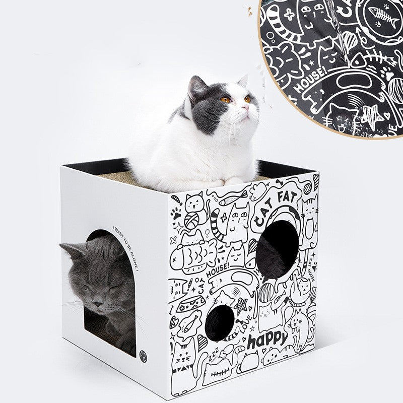 HKM-1074877 Double-Layer Cat Villa in White and Green Graffiti - Corrugated Paper Design, 32x32x32cm/43x30x30cm