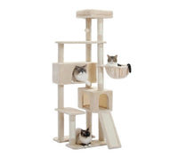 HKM-1079869 Large 65-Inch Cat Tree with Hammocks, Scratch Columns, and Multi-level Play Platforms