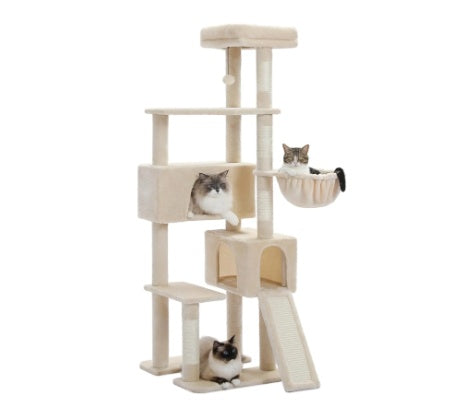 HKM-1079869 Large 65-Inch Cat Tree with Hammocks, Scratch Columns, and Multi-level Play Platforms