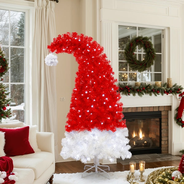 HKM-108115 6FT LED Lighted Whimsical Christmas Tree in Santa's Hat Shape with 1050 Branch Tips