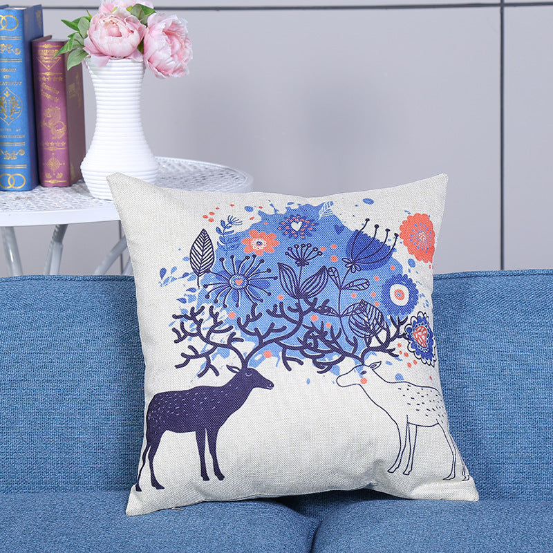 HKM-108115 European Style Deer Linen Cushion Cover - 45x45cm for Living Room and Bedroom
