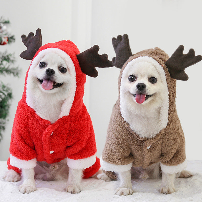 HKM-1084733 Thick Fleece Four-Leg Dog Coat for Autumn and Winter, Warm Casual Apparel in Red Elk and Brown Elk