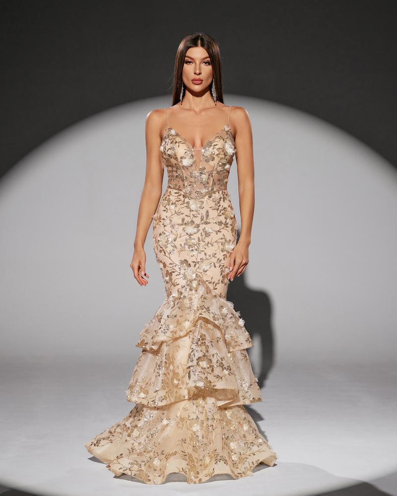 HKM-109011 Elegant Golden Evening Dress for Women - Model EZ25217