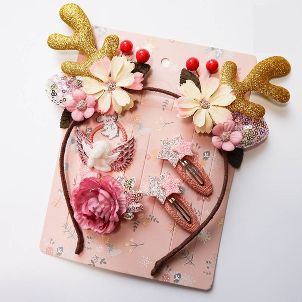 HKM-109075 Christmas Hair Accessory Set for Children - Pink, Ice and Snow Colors with Duckbill Clips and Hair Bands