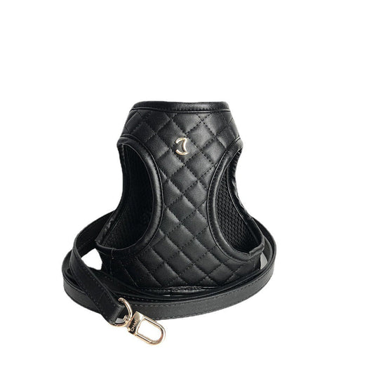 HKM-1091389 Leather Dog Chest and Back Harness Suit in Black - Sizes S to XL with Included Rope