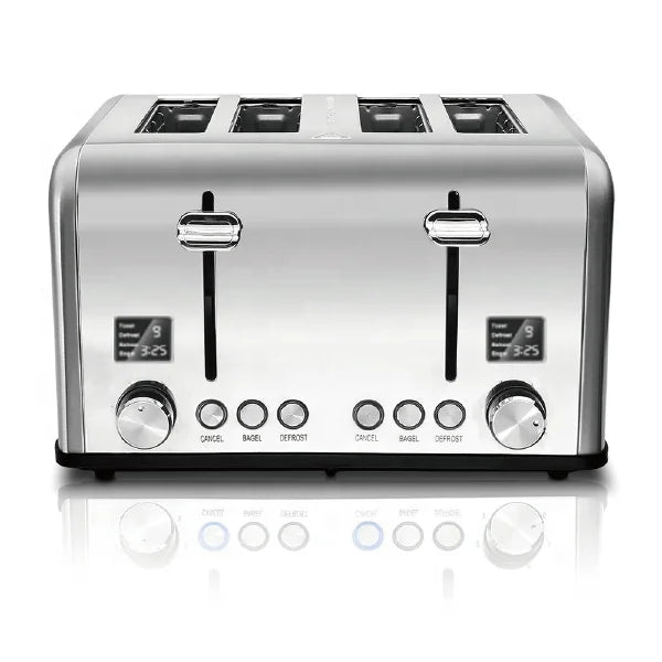HKM-109203 Stainless Steel Electric 4-Slice Toaster with LED Display and Heat-Proof Crumb Tray