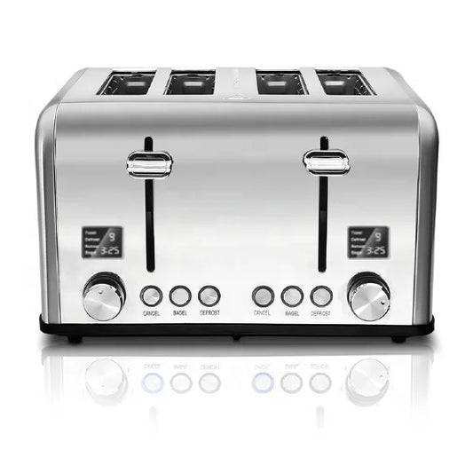HKM-109203 Stainless Steel Electric 4-Slice Toaster with LED Display and Heat-Proof Crumb Tray