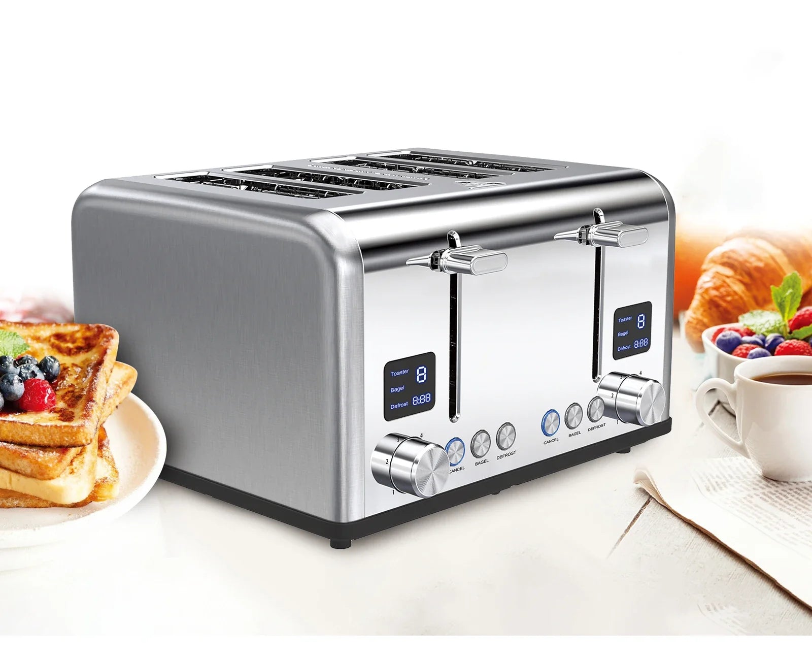 HKM-109203 Stainless Steel Electric 4-Slice Toaster with LED Display and Heat-Proof Crumb Tray
