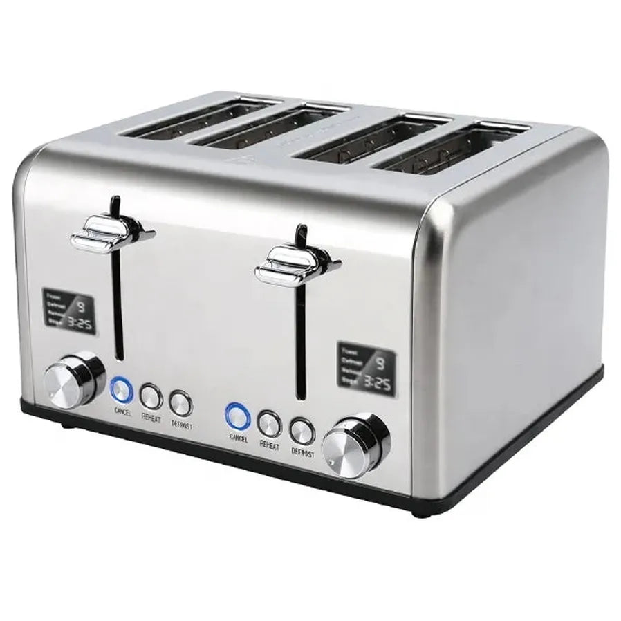 HKM-109203 Stainless Steel Electric 4-Slice Toaster with LED Display and Heat-Proof Crumb Tray