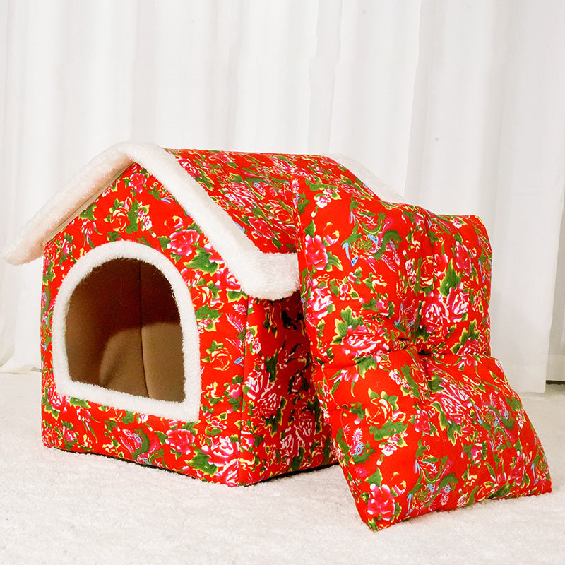 HKM-1092157 Cozy Chinese Style Cat Nest - Warm, Enclosed Cat House for All Seasons, Extra Large Size