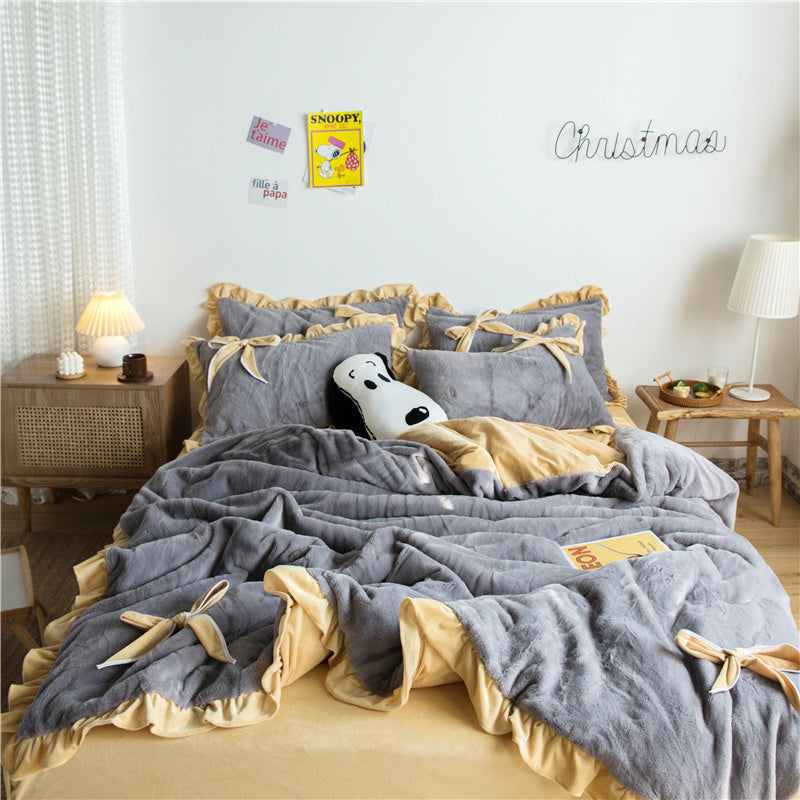 HKM-109267 Princess Style Solid Color Bed Sheet Set with Quilt Cover and Pillowcases - 4 Pieces
