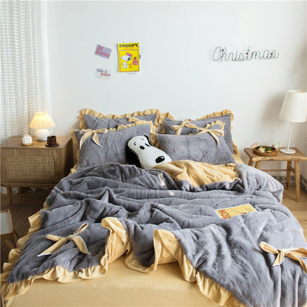 HKM-109267 Princess Style Solid Color Bed Sheet Set with Quilt Cover and Pillowcases - 4 Pieces