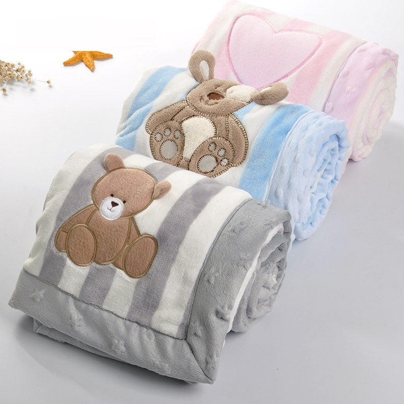 HKM-109459 Cozy Cartoon Flannel Double-Layer Blanket for Children - Available in Grey, Blue, and Pink