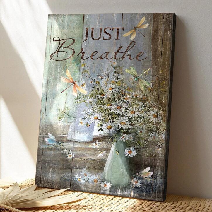 HKM-109459 Vintage Chrysanthemum Vase and Dragonfly Canvas Wall Art with Wooden Frame