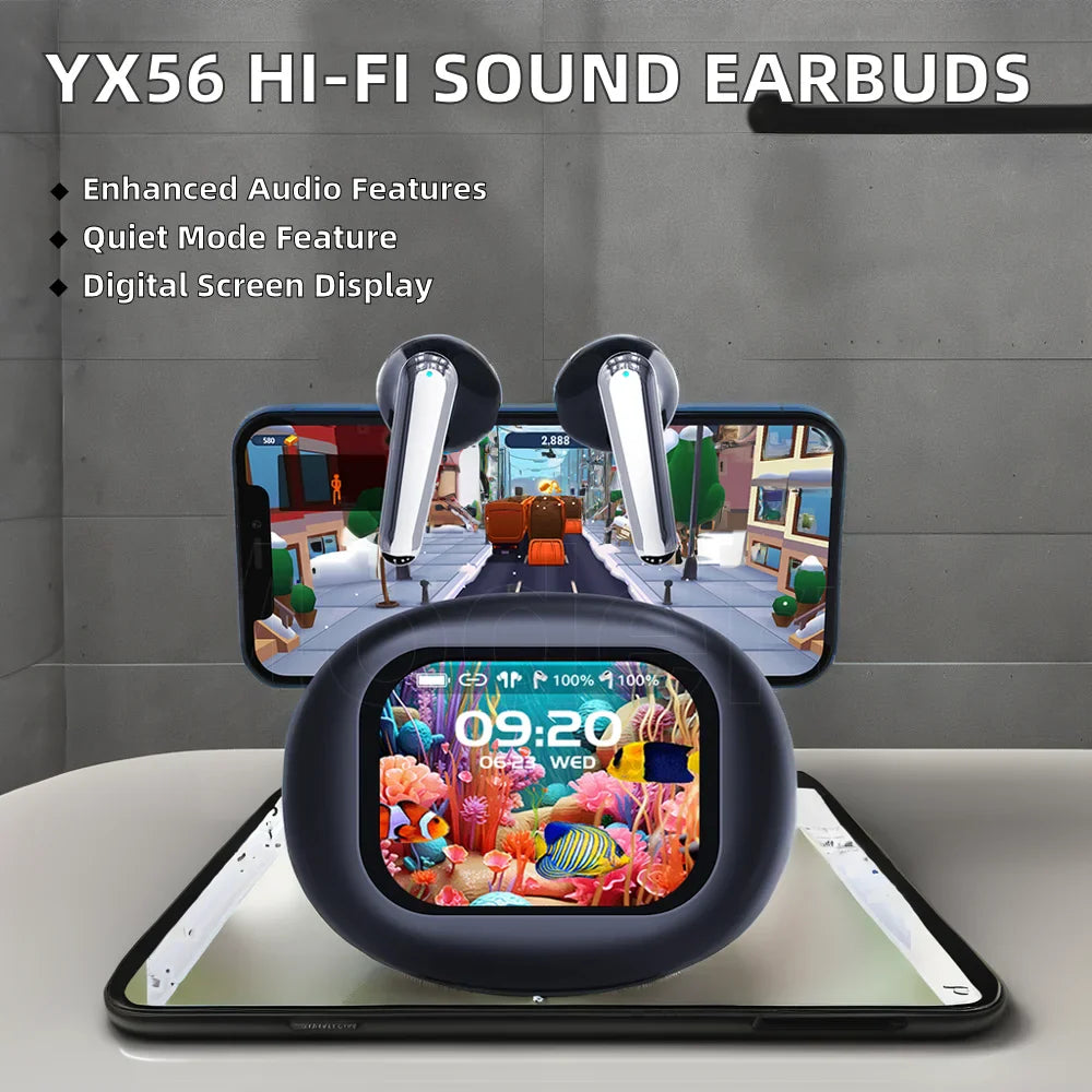 HKM-109459 YX56 Wireless Earbuds with Hi-Fi Sound, Touch Control, Motion-Sensing, Digital Display, and Gaming Compatibility
