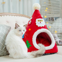 HKM-1097917 Warm Cat Nest with Christmas Hat Shape in Soft Plush and Sponge, Medium Size