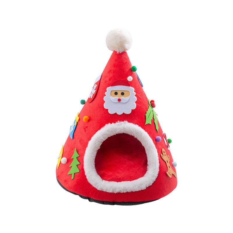HKM-1097917 Warm Cat Nest with Christmas Hat Shape in Soft Plush and Sponge, Medium Size