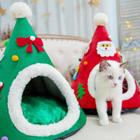 HKM-1097917 Warm Cat Nest with Christmas Hat Shape in Soft Plush and Sponge, Medium Size