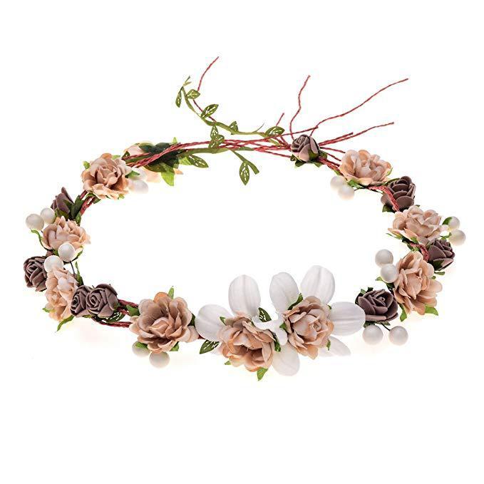 HKM-110035 Floral Cloth Paper Rope Garland Headband with Simulation Roses for Weddings