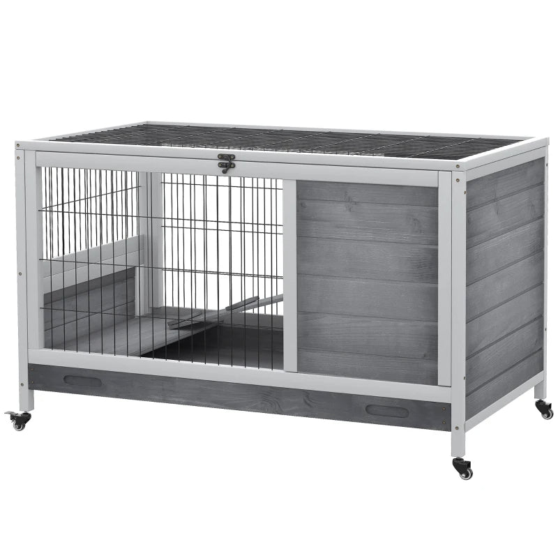 HKM-1101501 Elevated Wooden Indoor Rabbit and Guinea Pig Enclosure with Enclosed Run and Wheels