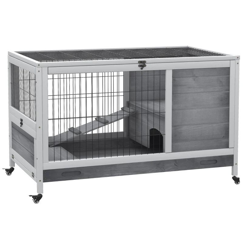 HKM-1101501 Elevated Wooden Indoor Rabbit and Guinea Pig Enclosure with Enclosed Run and Wheels