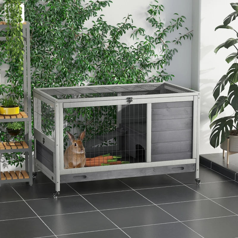 HKM-1101501 Elevated Wooden Indoor Rabbit and Guinea Pig Enclosure with Enclosed Run and Wheels
