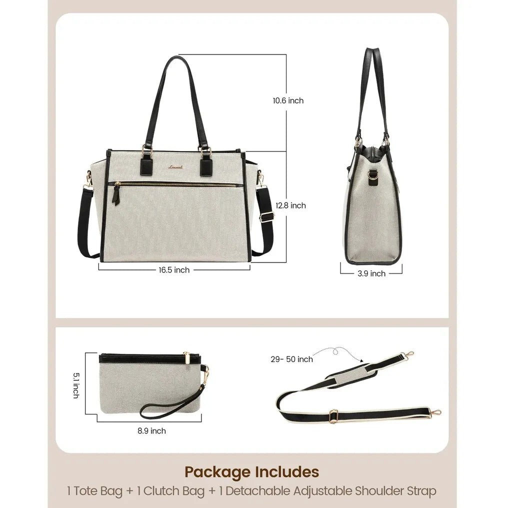 HKM-110163 Large Capacity Leather Work Tote Bag Set for Office, Business, School, and Travel - 15.6 inch Laptop Compatible