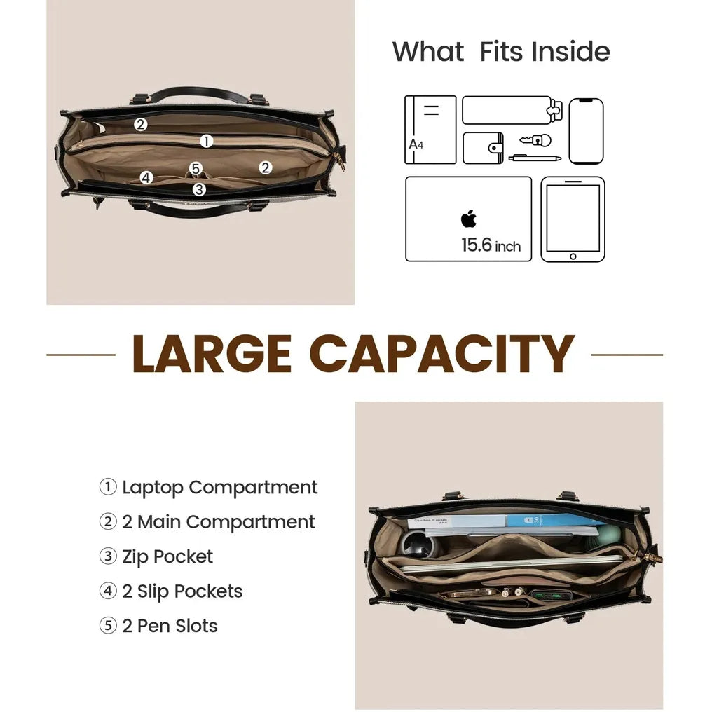 HKM-110163 Large Capacity Leather Work Tote Bag Set for Office, Business, School, and Travel - 15.6 inch Laptop Compatible