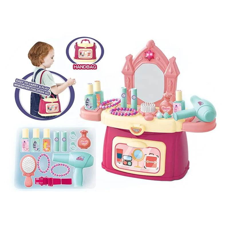 HKM-110291 Light Music Handbag Makeup Toy Set for Kids - Pink Vanity Table Accessories for Girls Ages 2 to 7