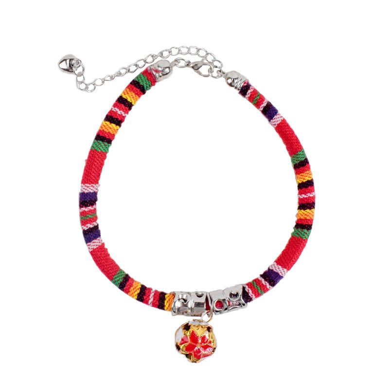 HKM-1105853 Ethnic Style Adjustable Bell Collar for Cats, Dogs, and Rabbits in Blue, Red, Green, and Rose Red